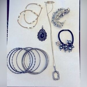 Various jewelry lot. Bangles bracelets necklace pendants brooch hair tie.